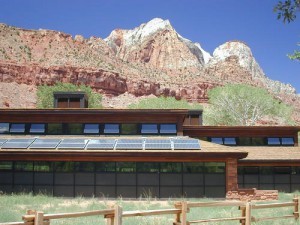 Trombe Wall at Zion Visitor Center at Zion National Park in Utah. The Trombe Wall is the Lower two Panes of the Lowest Level of Glass