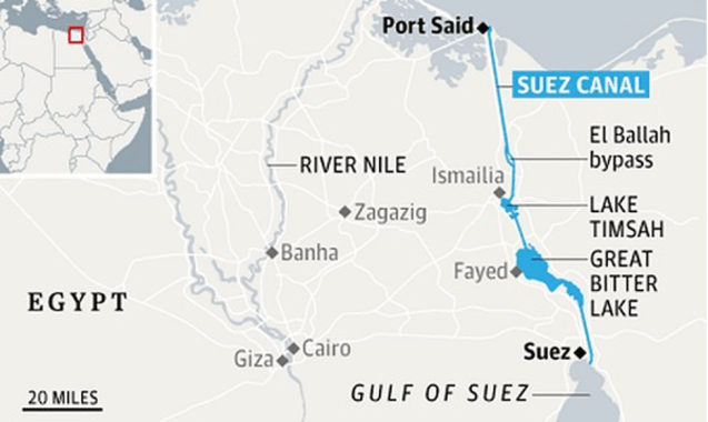 Major areas and their locations along the route of Suez Canal 
